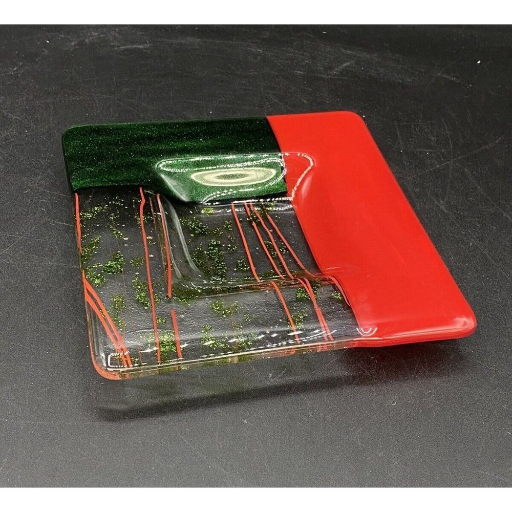 Fused Art Glass Trinket Dish Glitter Dichroic Green & Red 6” Square ￼
